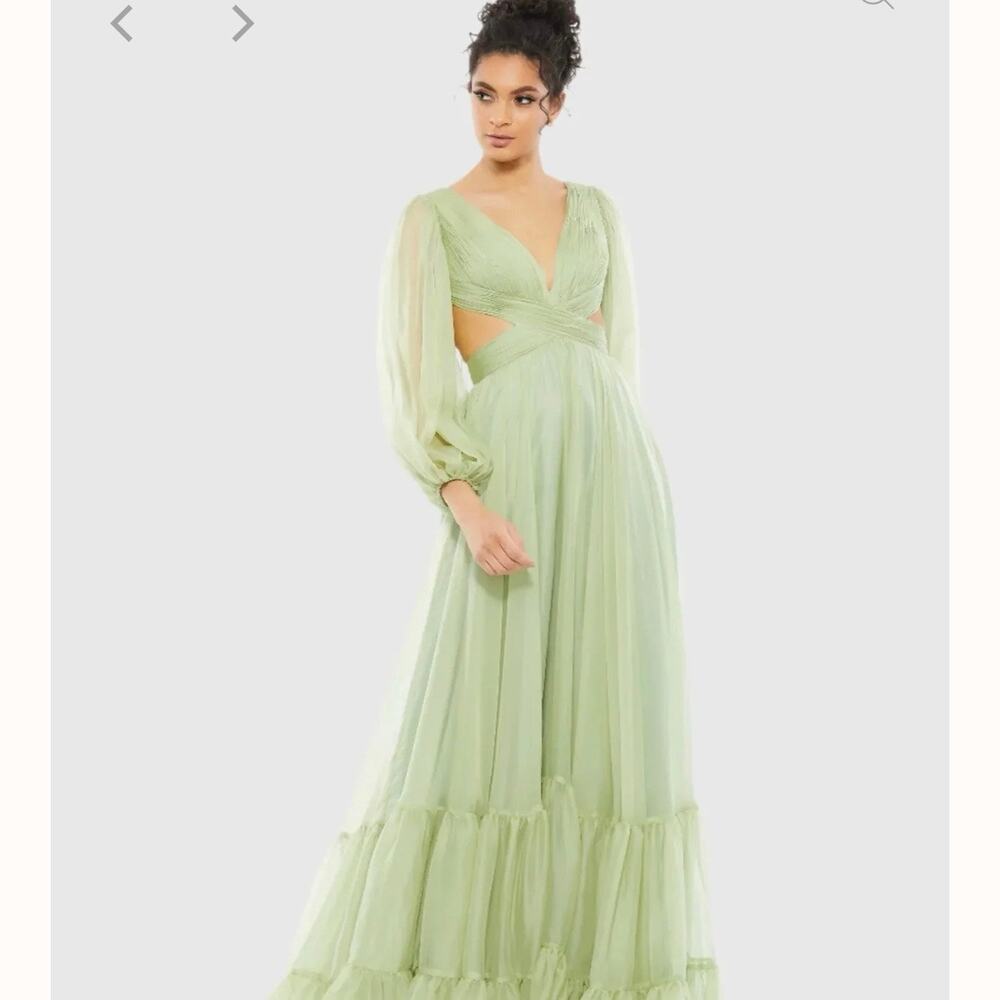 Mac Duggal Lace Up Chiffon Ruffle Tiered Goddess Gown green size 2 CL1 - Picture 2 of 7